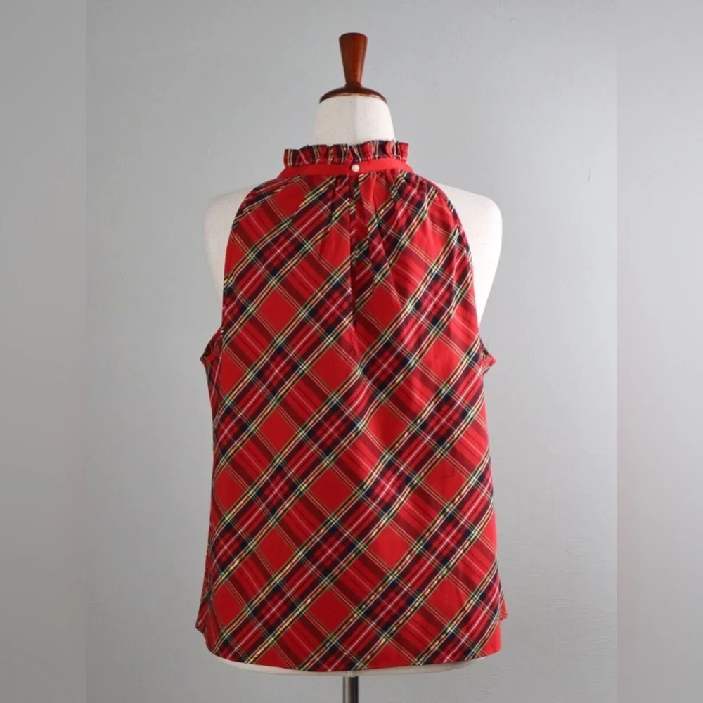 🎁Ruffleneck Sleeveless Cotton Poplin Top in Plaid Holiday Red, M